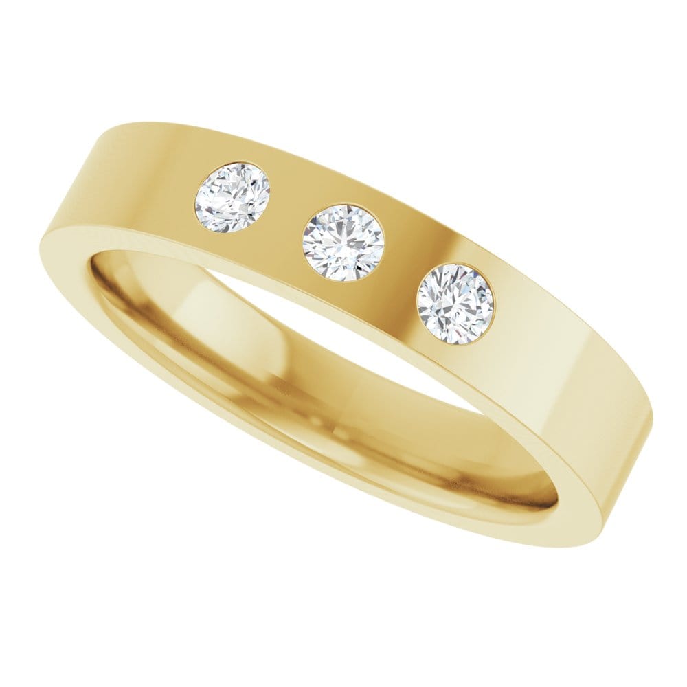 Sia Ring - 4mm wide 3 Diamond, Moissanite or Sapphire Flush Set Flat Wedding Band Lab Grown Diamonds (G-H/SI1-SI2) / 14k Yellow Gold Ring by Nodeform