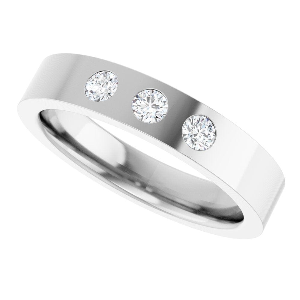 Sia Ring - 4mm wide 3 Diamond, Moissanite or Sapphire Flush Set Flat Wedding Band Ring by Nodeform