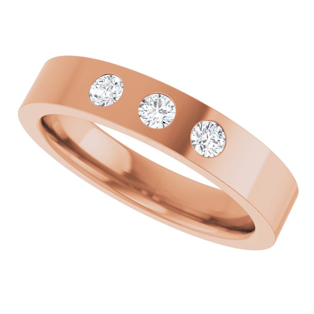 Sia Ring - 4mm wide 3 Diamond, Moissanite or Sapphire Flush Set Flat Wedding Band Lab Grown Diamonds (G-H/SI1-SI2) / 14k Rose Gold Ring by Nodeform