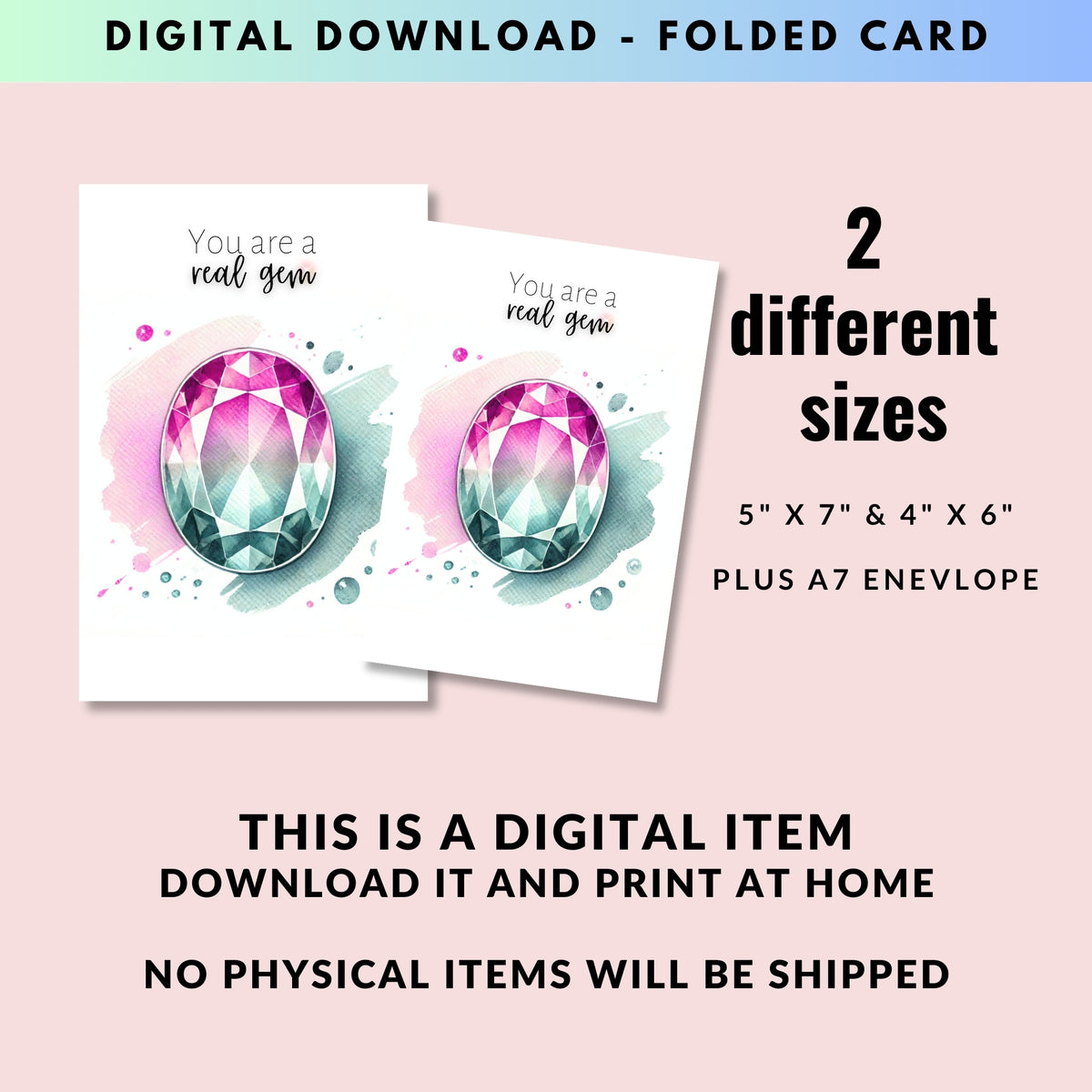 digital "You are a real Gem" Watercolor Oval Bi-color Tourmaline Folded Card Cards by Nodeform