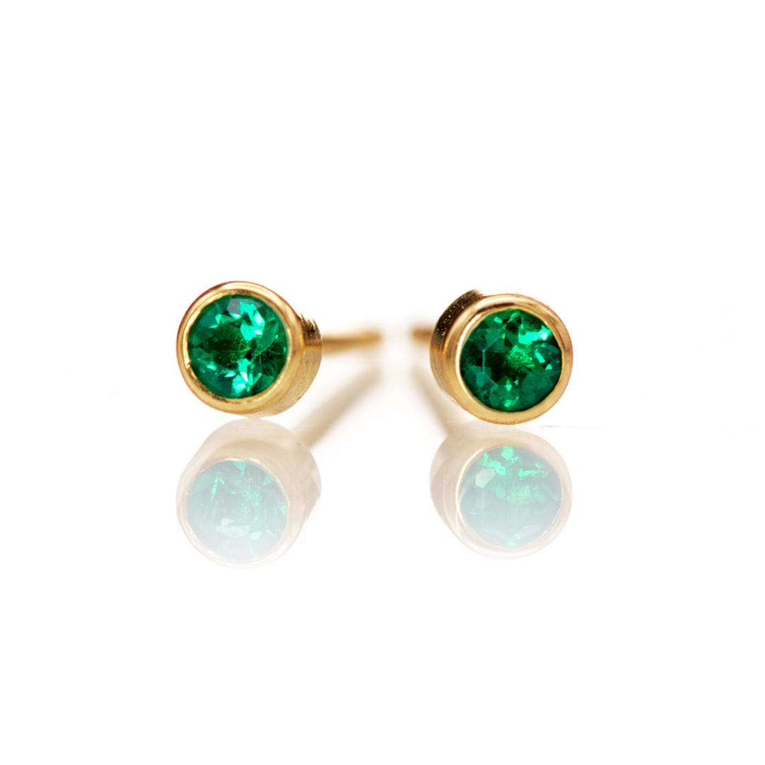 Tiny Green Emerald Bezel Set Stud Earrings 14k Rose Gold Earrings by Nodeform