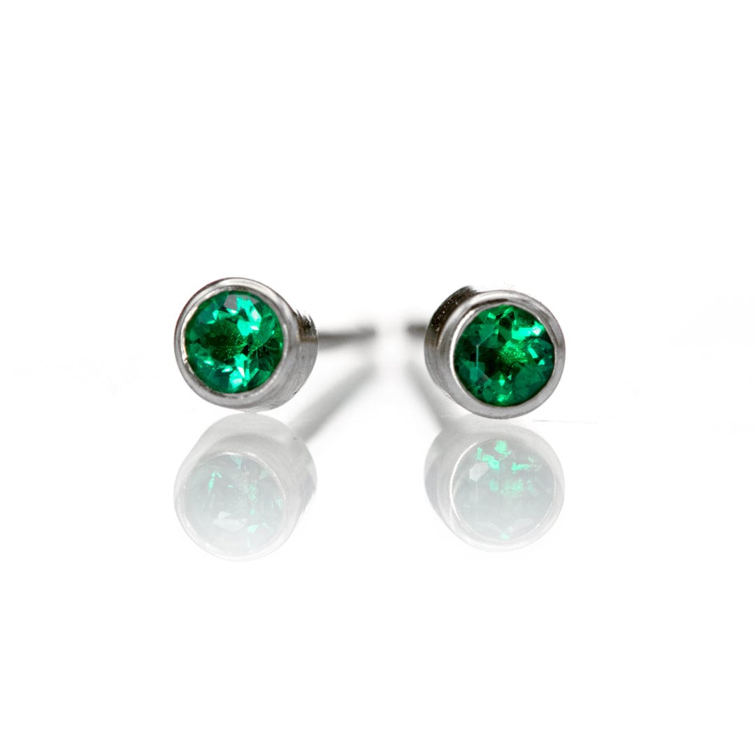 Tiny Green Emerald Bezel Set Stud Earrings 14k White Gold Earrings by Nodeform