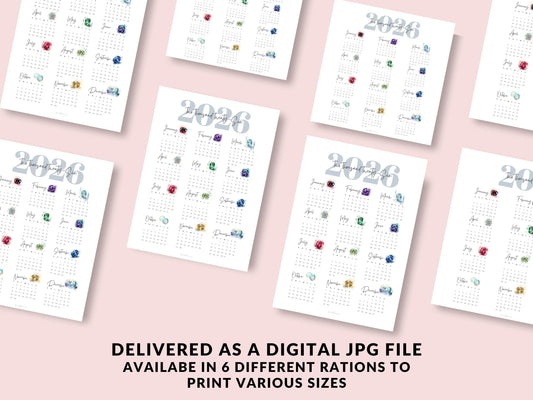 Multiple 2026 birthstone calendars on a pink background with text about digital file delivery.