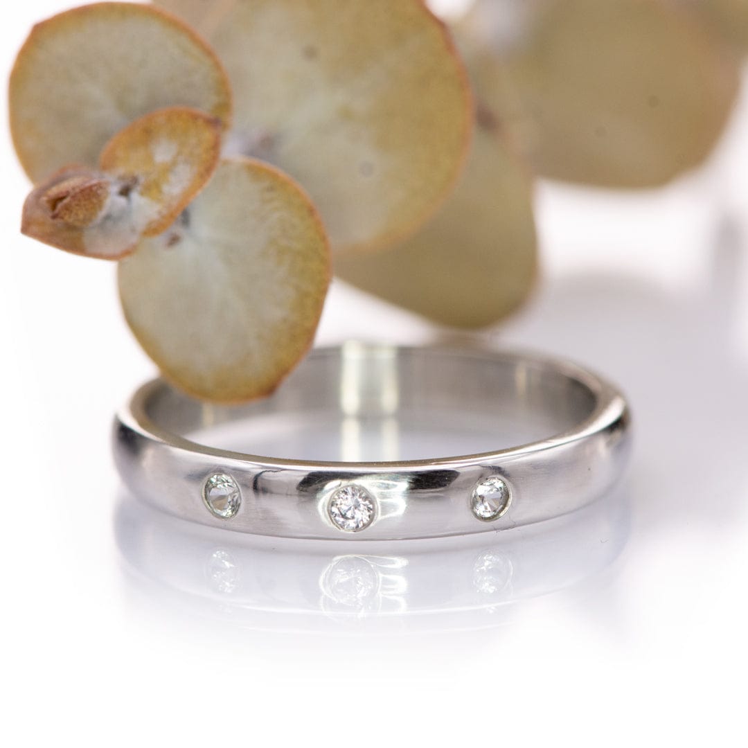 Dana Ring - Narrow 2.5mm wide 3 Diamond, Moissanite or Sapphire Flush Set Domed Wedding Band Ring by Nodeform