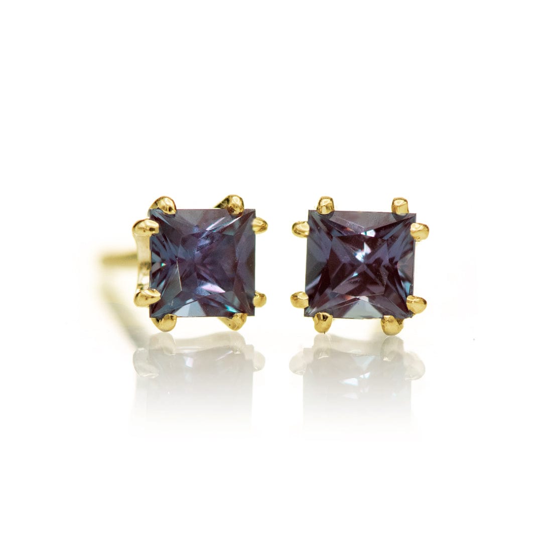 3mm Princess Cut Alexandrite 14k White Gold Double Prong Stud Earrings, Ready To Ship 14k Yellow Gold Earrings by Nodeform