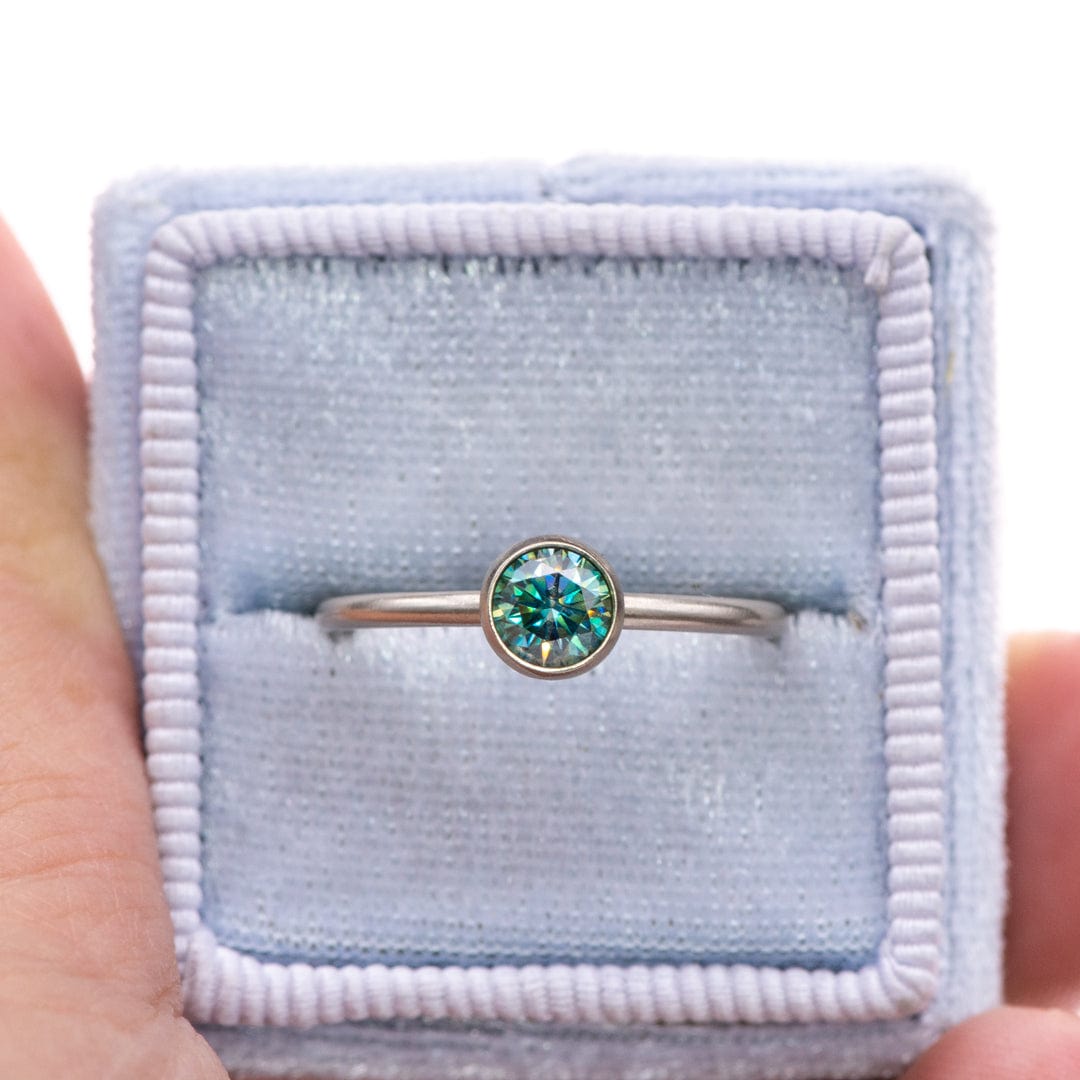 Round Teal Moissanite Skinny Stacking Bezel Solitaire Ring Ring by Nodeform