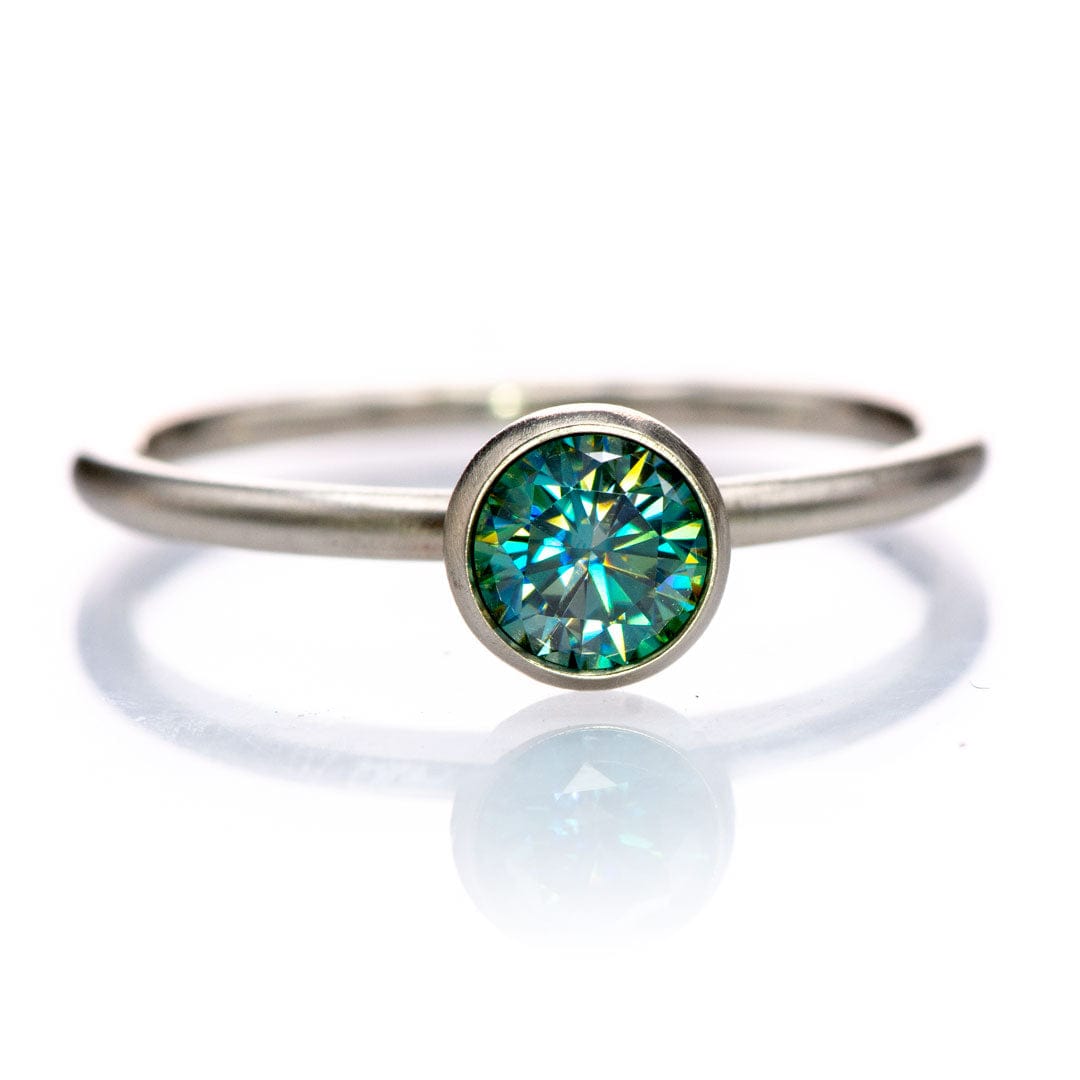 Round Teal Moissanite Skinny Stacking Bezel Solitaire Ring 5mm Teal Moissanite / 14k White Gold Ring by Nodeform