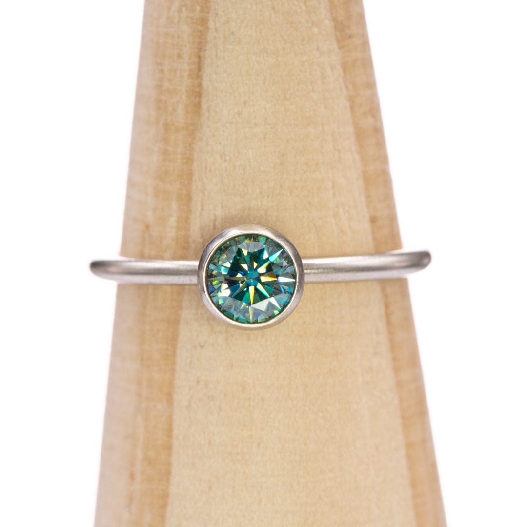 Round Teal Moissanite Skinny Stacking Bezel Solitaire Ring Ring by Nodeform