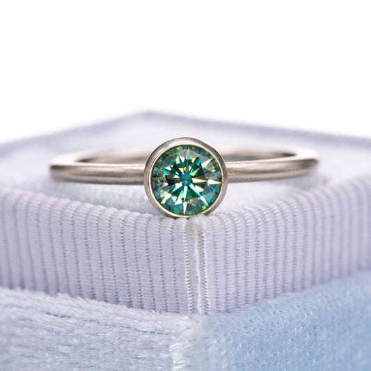 Round Teal Moissanite Skinny Stacking Bezel Solitaire Ring Ring by Nodeform
