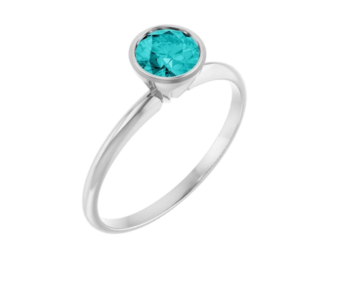 Round Teal Moissanite Skinny Stacking Bezel Solitaire Ring 5mm Teal Moissanite / Platinum Ring by Nodeform