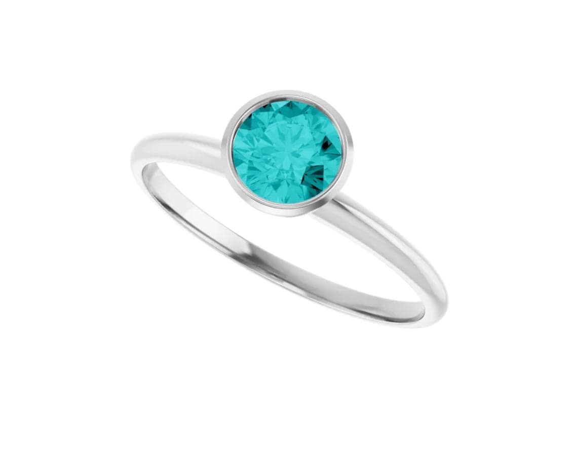 Round Teal Moissanite Skinny Stacking Bezel Solitaire Ring Ring by Nodeform