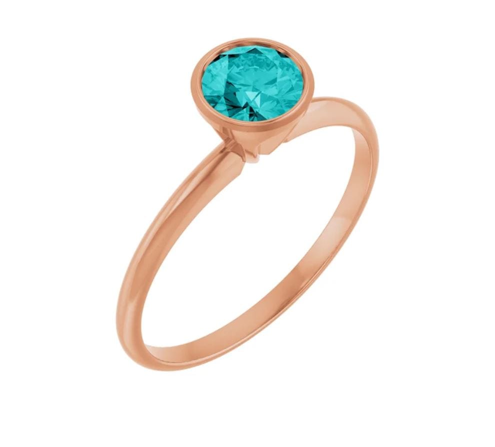 Round Teal Moissanite Skinny Stacking Bezel Solitaire Ring Ring by Nodeform