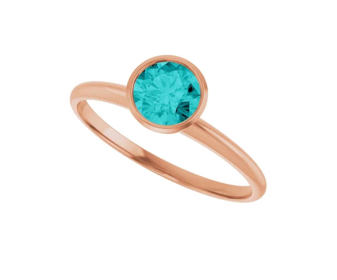 Round Teal Moissanite Skinny Stacking Bezel Solitaire Ring 5mm Teal Moissanite / 14k Rose Gold Ring by Nodeform
