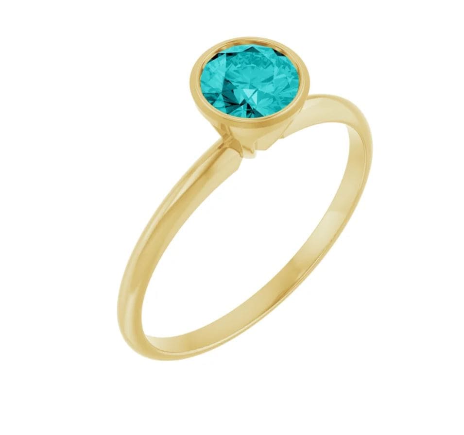 Round Teal Moissanite Skinny Stacking Bezel Solitaire Ring 5mm Teal Moissanite / 14k Yellow Gold Ring by Nodeform