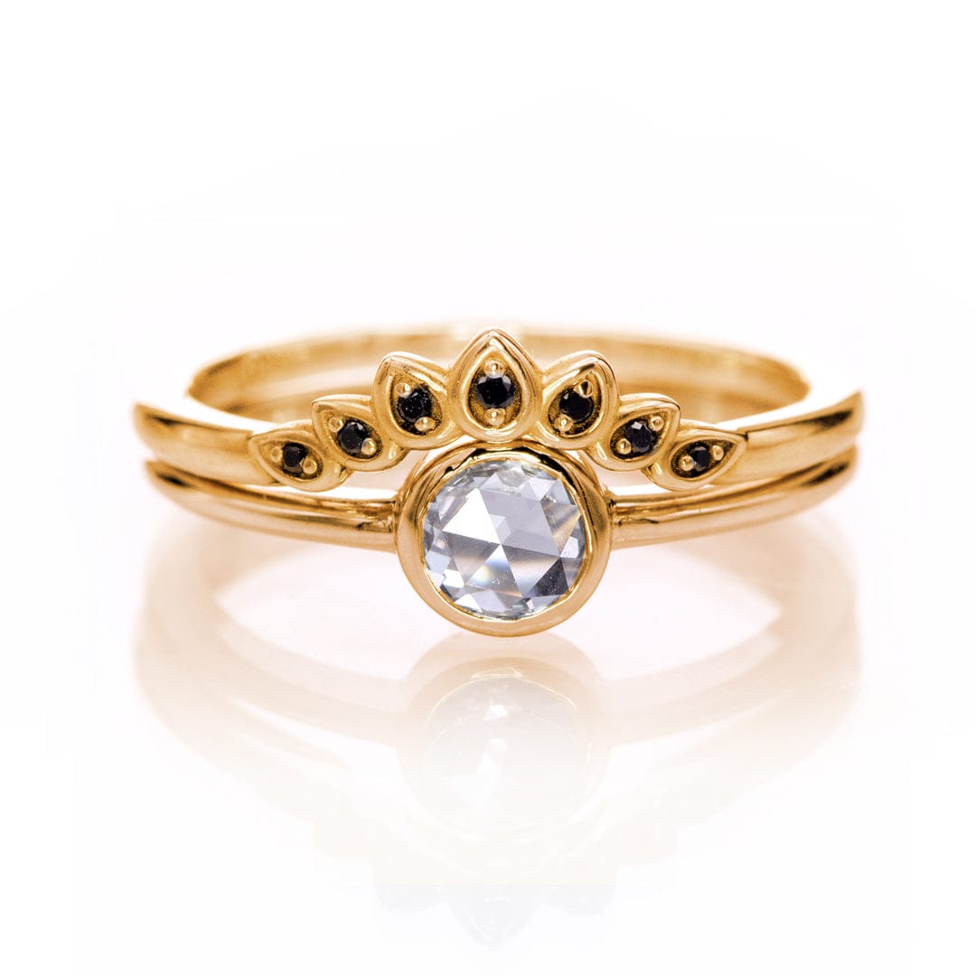 Bridal Ring Set - Rose Cut Damond Bezel Engagement Ring & Petal Band 14k Rose Gold / 14K Yellow Gold Ring by Nodeform