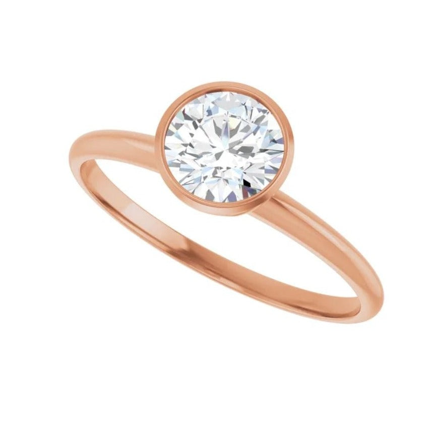 Round Moissanite or Lab Diamond Bezel Skinny Stacking Solitaire Ring ~0.8ct/~6mm F+/VS Lab Grown Diamond / 14k Rose Gold Ring by Nodeform