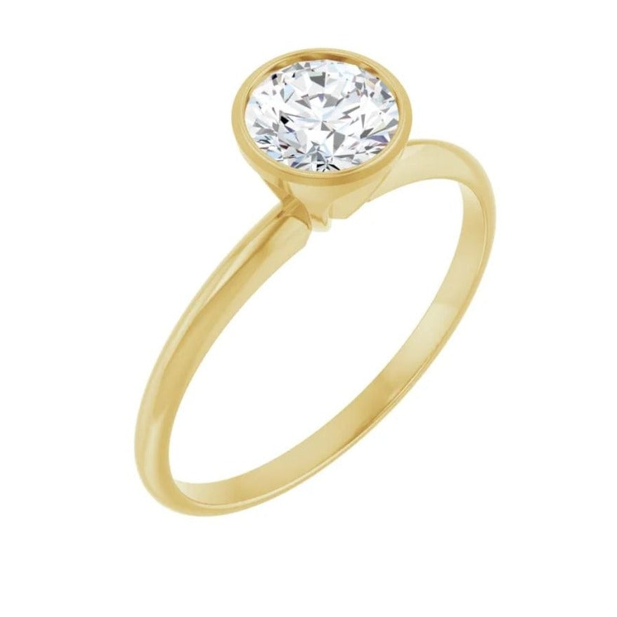 Round Moissanite or Lab Diamond Bezel Skinny Stacking Solitaire Ring ~0.8ct/~6mm F+/VS Lab Grown Diamond / 14k Yellow Gold Ring by Nodeform
