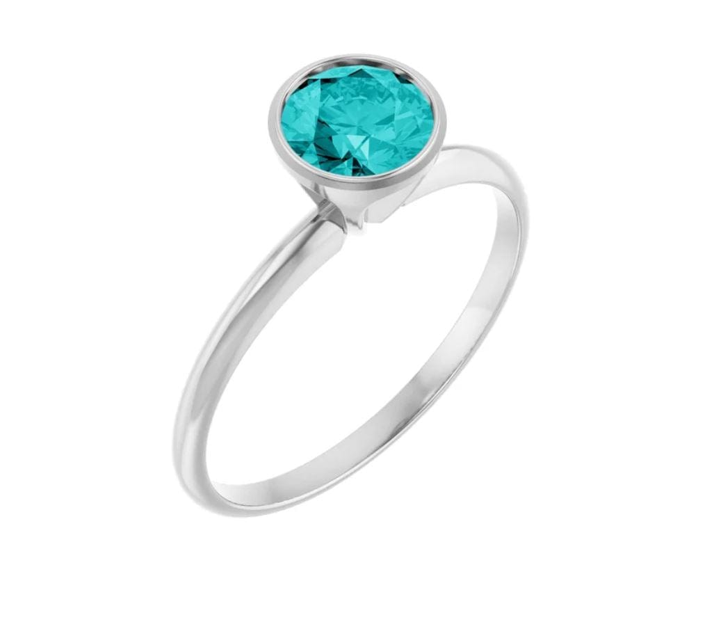Round Teal Moissanite Skinny Stacking Bezel Solitaire Ring 6mm Teal Moissanite / 14k White Gold Ring by Nodeform