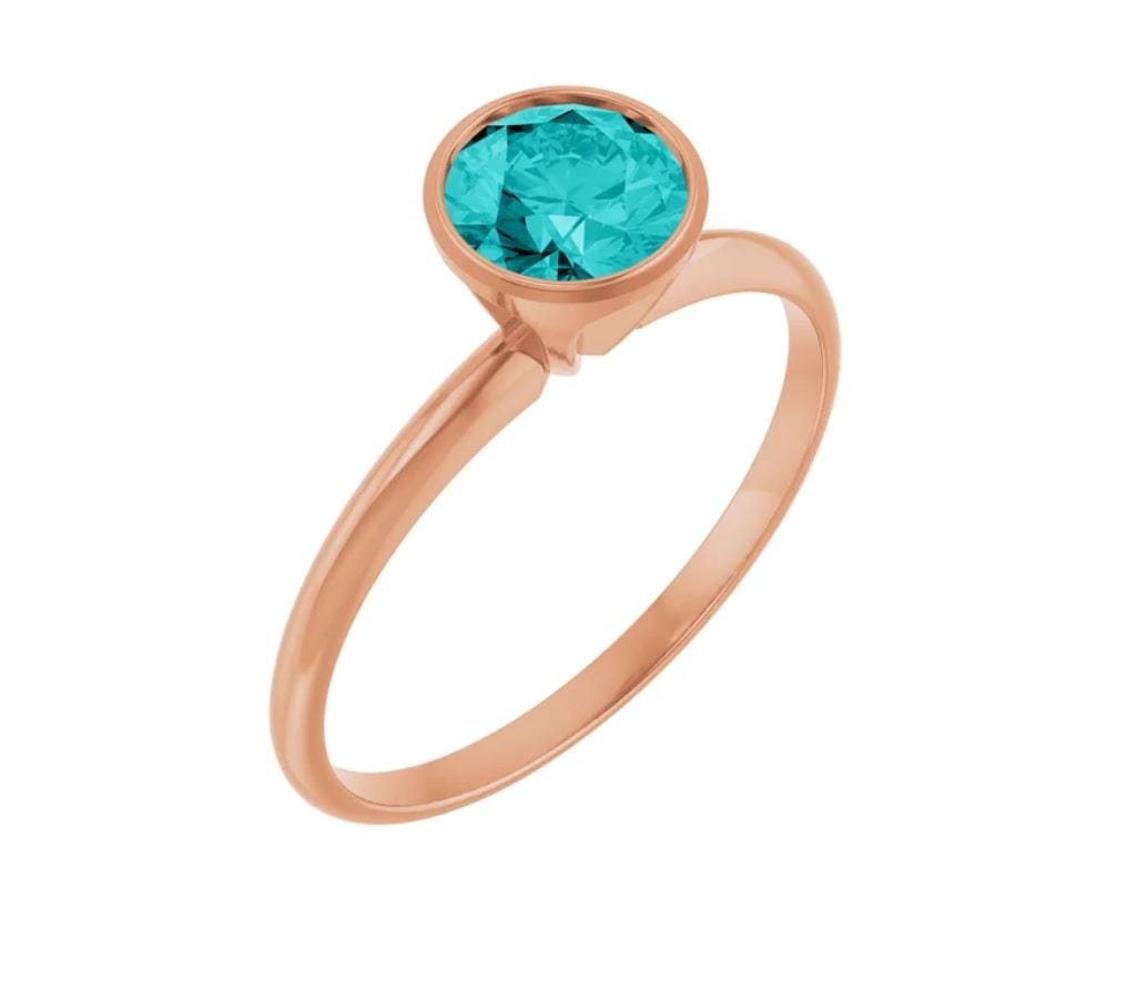 Round Teal Moissanite Skinny Stacking Bezel Solitaire Ring 6mm Teal Moissanite / 14k Rose Gold Ring by Nodeform