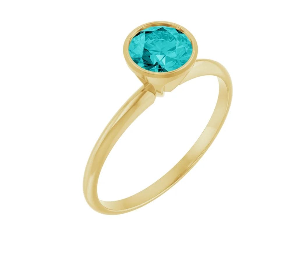 Round Teal Moissanite Skinny Stacking Bezel Solitaire Ring 6mm Teal Moissanite / 14k Yellow Gold Ring by Nodeform