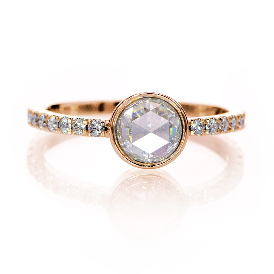 Round Rose Cut Moissanite or Black Diamond Low Profile Bezel Accented Engagement Ring Ring by Nodeform