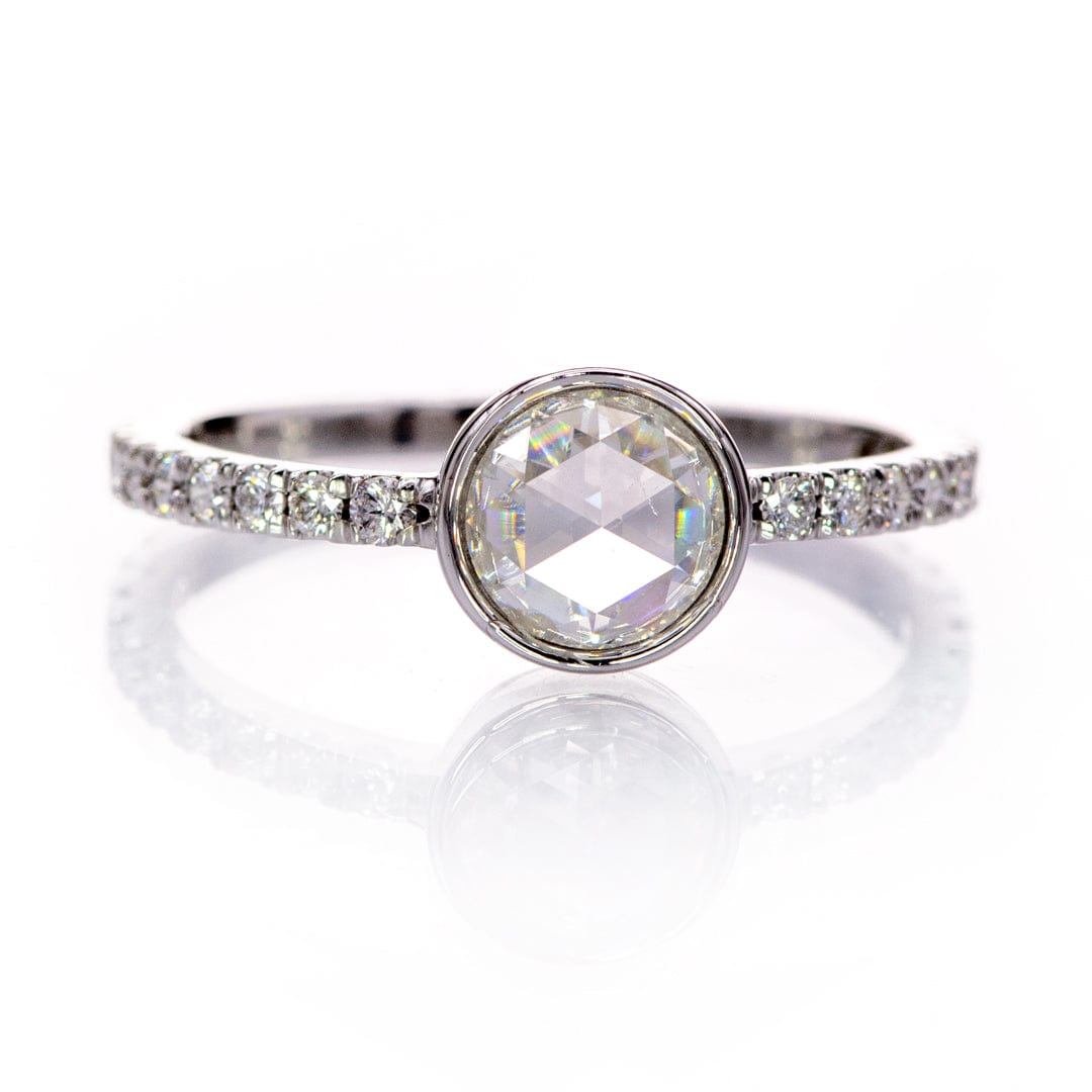 Round Rose Cut Moissanite or Black Diamond Low Profile Bezel Accented Engagement Ring Ring by Nodeform
