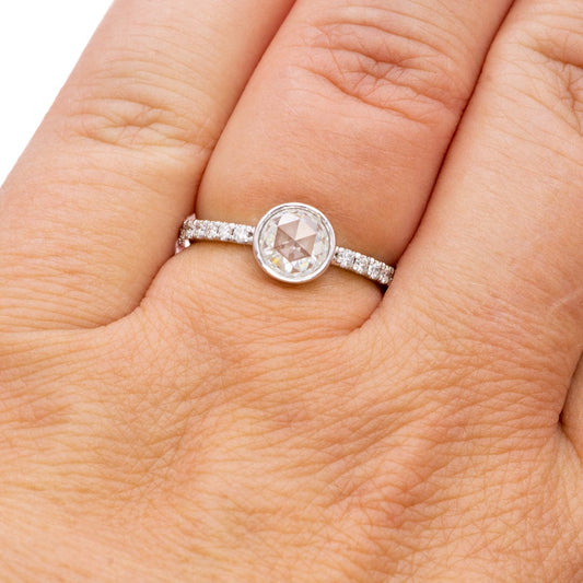 Round Rose Cut Moissanite or Black Diamond Low Profile Bezel Accented Engagement Ring Ring by Nodeform