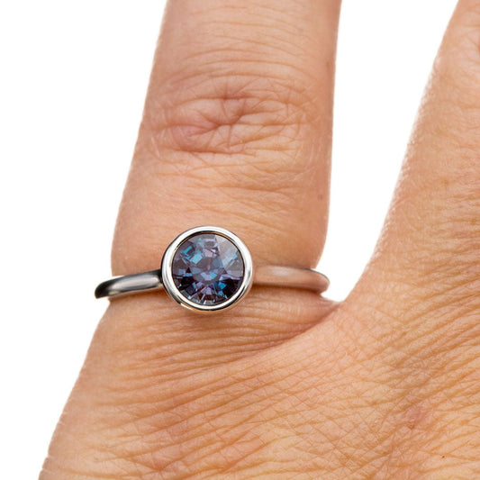 Round Alexandrite Bezel Set Accented Cathedral Odette White Gold Engagement Ring Ring Ready To Ship by Nodeform