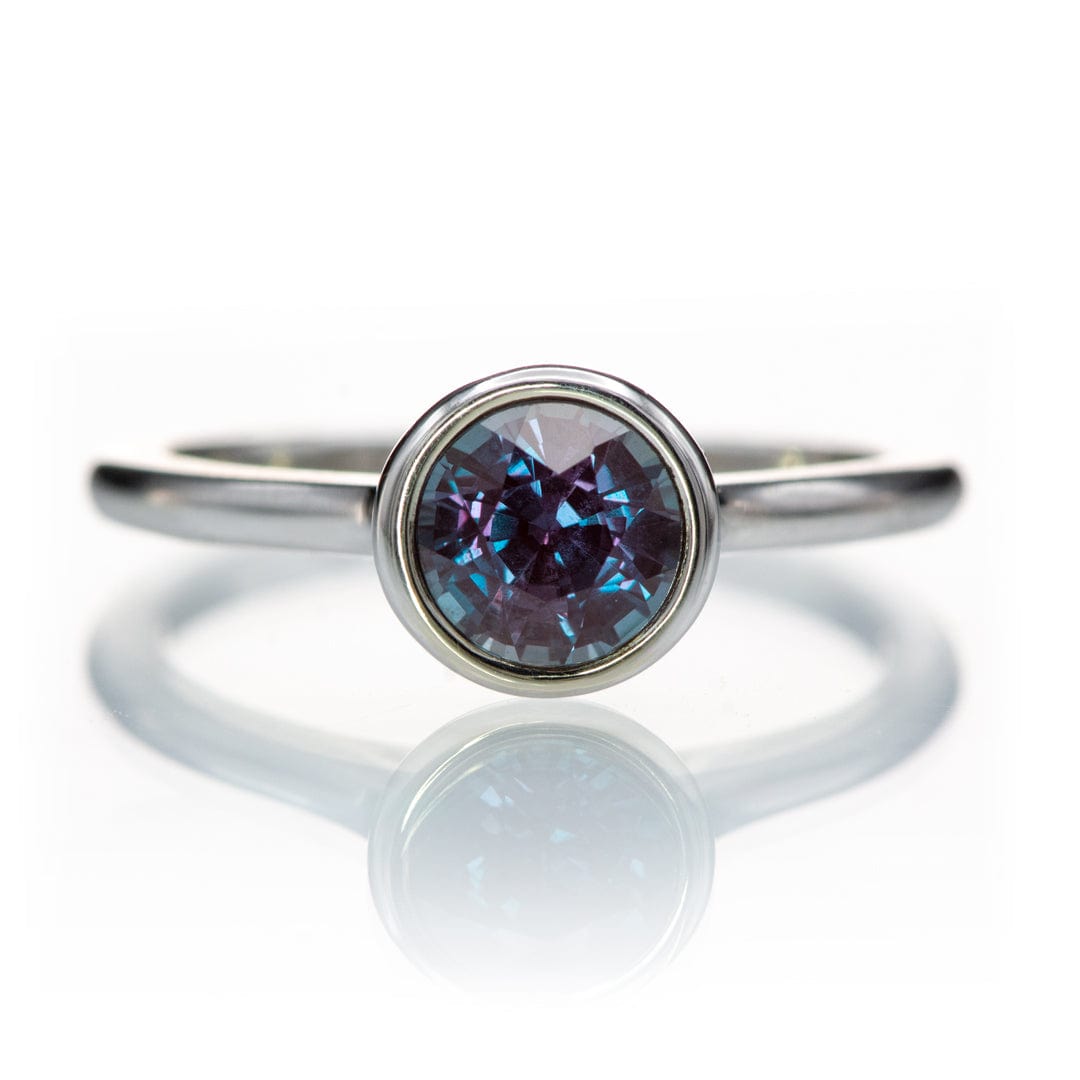 Round Alexandrite Bezel Set Accented Cathedral Odette Engagement Ring 14k White Gold Ring by Nodeform