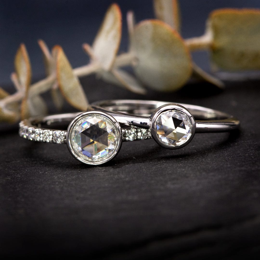 Round Rose Cut Moissanite or Black Diamond Low Profile Bezel Accented Engagement Ring Ring by Nodeform