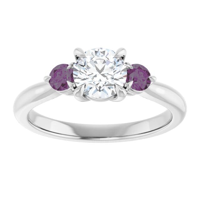 Tracy - Three Stone Diamond Prong Set Engagement Ring with Alexandrite Side Stones Ring by Nodeform