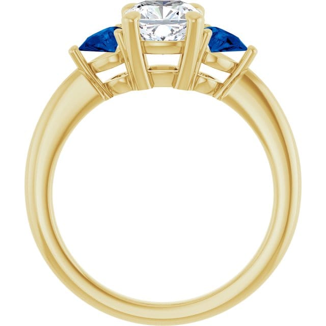 Tressa Bridal Set- Three Stone Cushion Moissanite Engagement & Pear Blue Sapphire Accents With Cecilia Band Ring Set by Nodeform