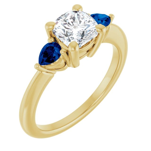 Tressa Bridal Set- Three Stone Cushion Moissanite Engagement & Pear Blue Sapphire Accents With Cecilia Band Ring Set by Nodeform
