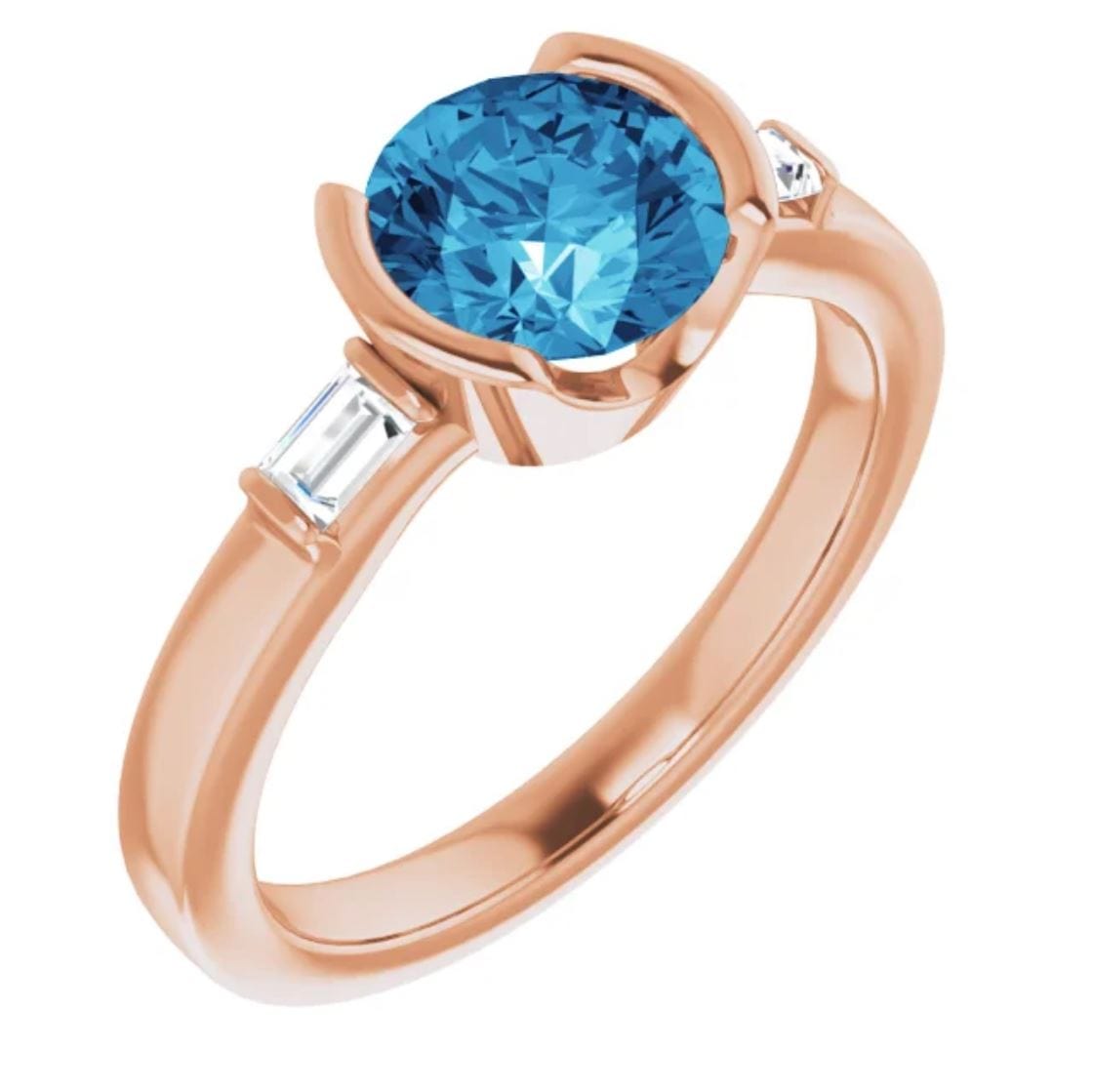 Harper Ring - Round Blue Moissanite & Baguette Diamond Accented Half Bezel Engagement Ring Ring by Nodeform