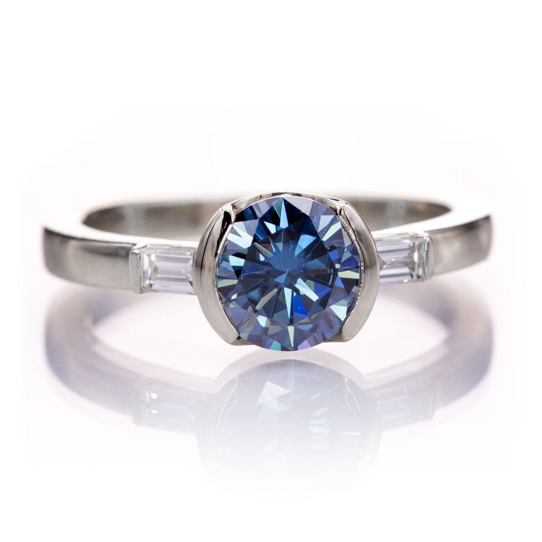 Harper Ring - Round Blue Moissanite & Baguette Diamond Accented Half Bezel Engagement Ring 14k White Gold Ring by Nodeform