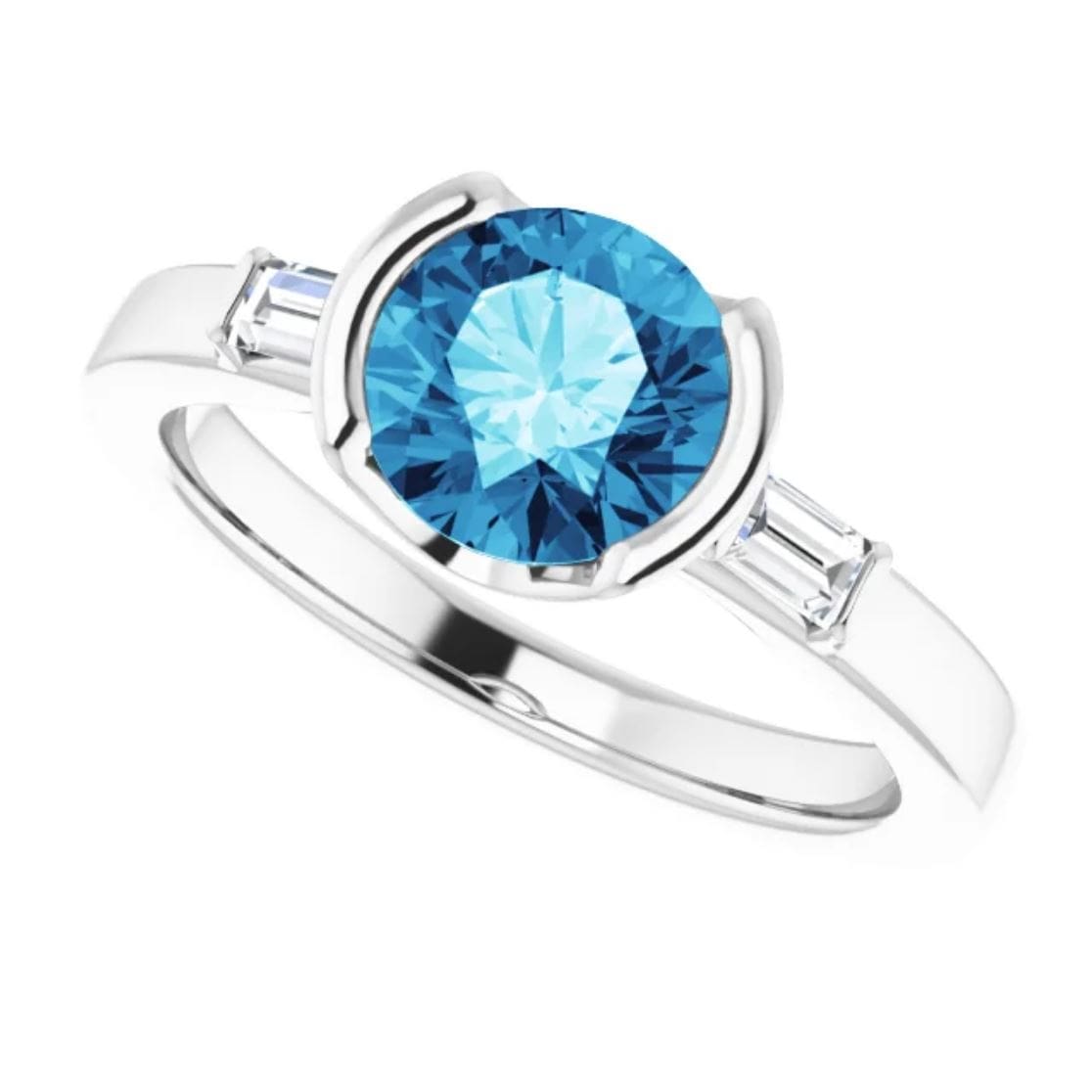 Harper Ring - Round Blue Moissanite & Baguette Diamond Accented Half Bezel Engagement Ring Ring by Nodeform