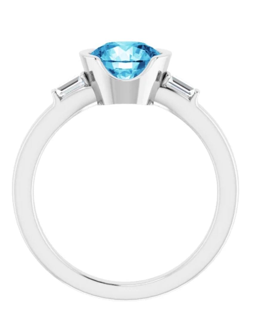Harper Ring - Round Blue Moissanite & Baguette Diamond Accented Half Bezel Engagement Ring Ring by Nodeform
