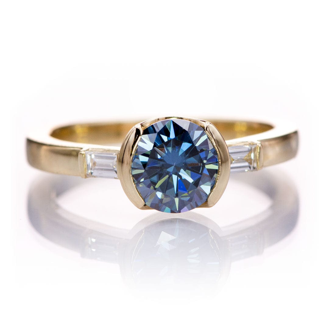 Harper Ring - Round Blue Moissanite & Baguette Diamond Accented Half Bezel Engagement Ring 14k Yellow Gold Ring by Nodeform