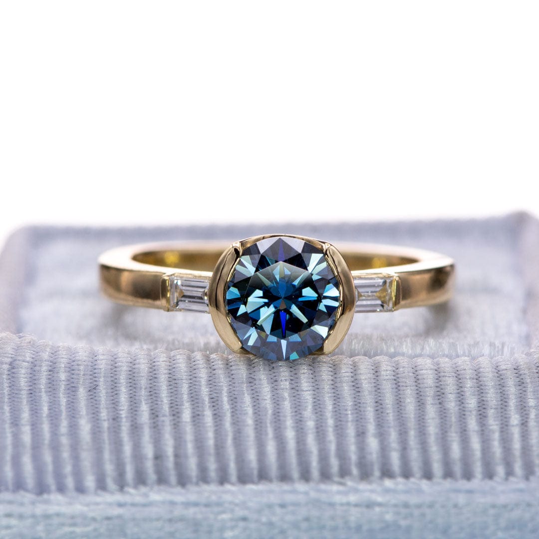 Harper Ring - Round Blue Moissanite & Baguette Diamond Accented Half Bezel Engagement Ring Ring by Nodeform