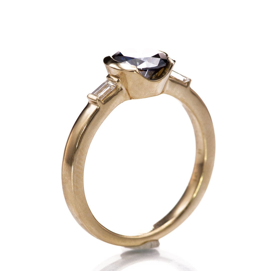 Harper Ring - Round Blue Moissanite & Baguette Diamond Accented Half Bezel Engagement Ring Ring by Nodeform