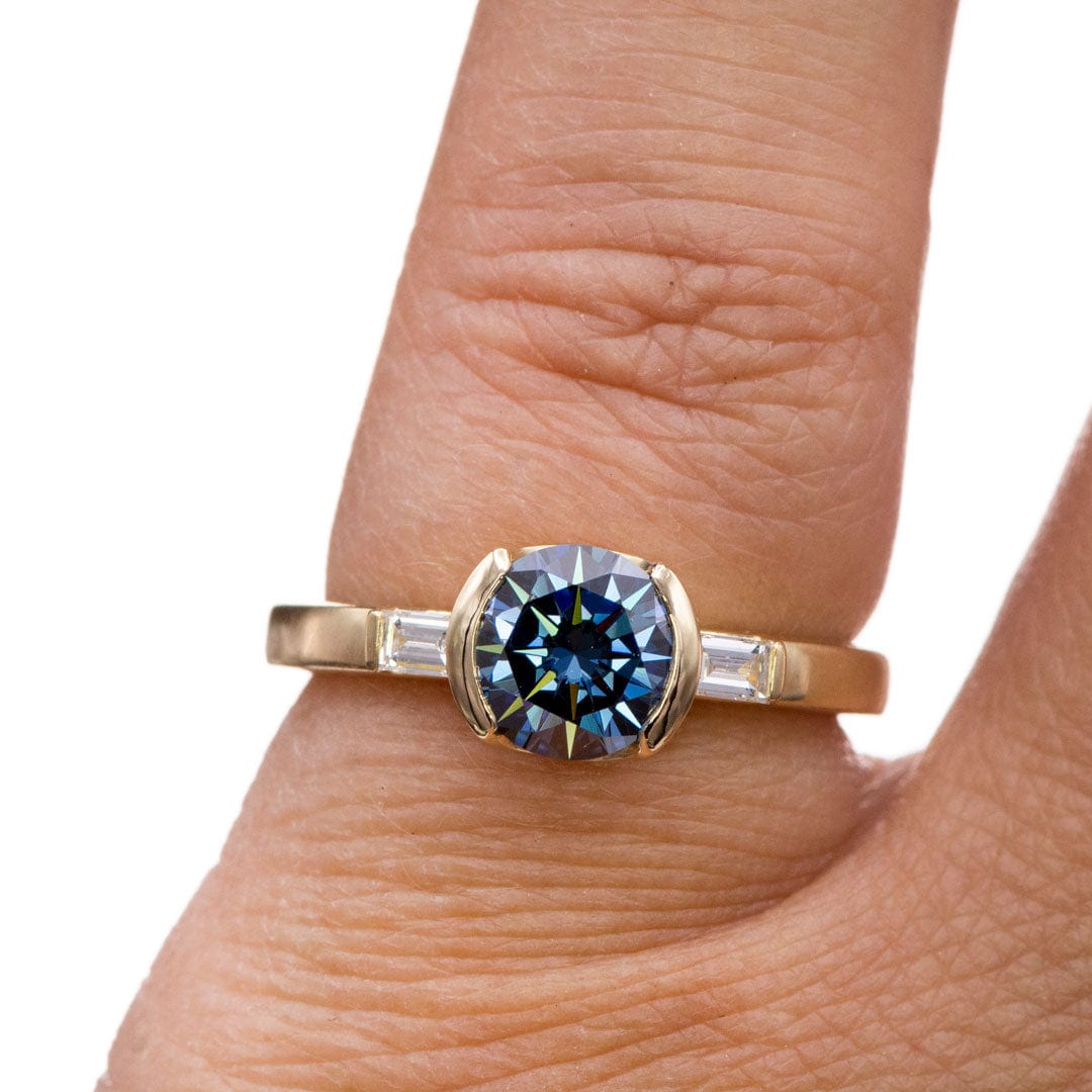Harper Ring - Round Blue Moissanite & Baguette Diamond Accented Half Bezel Engagement Ring Ring by Nodeform