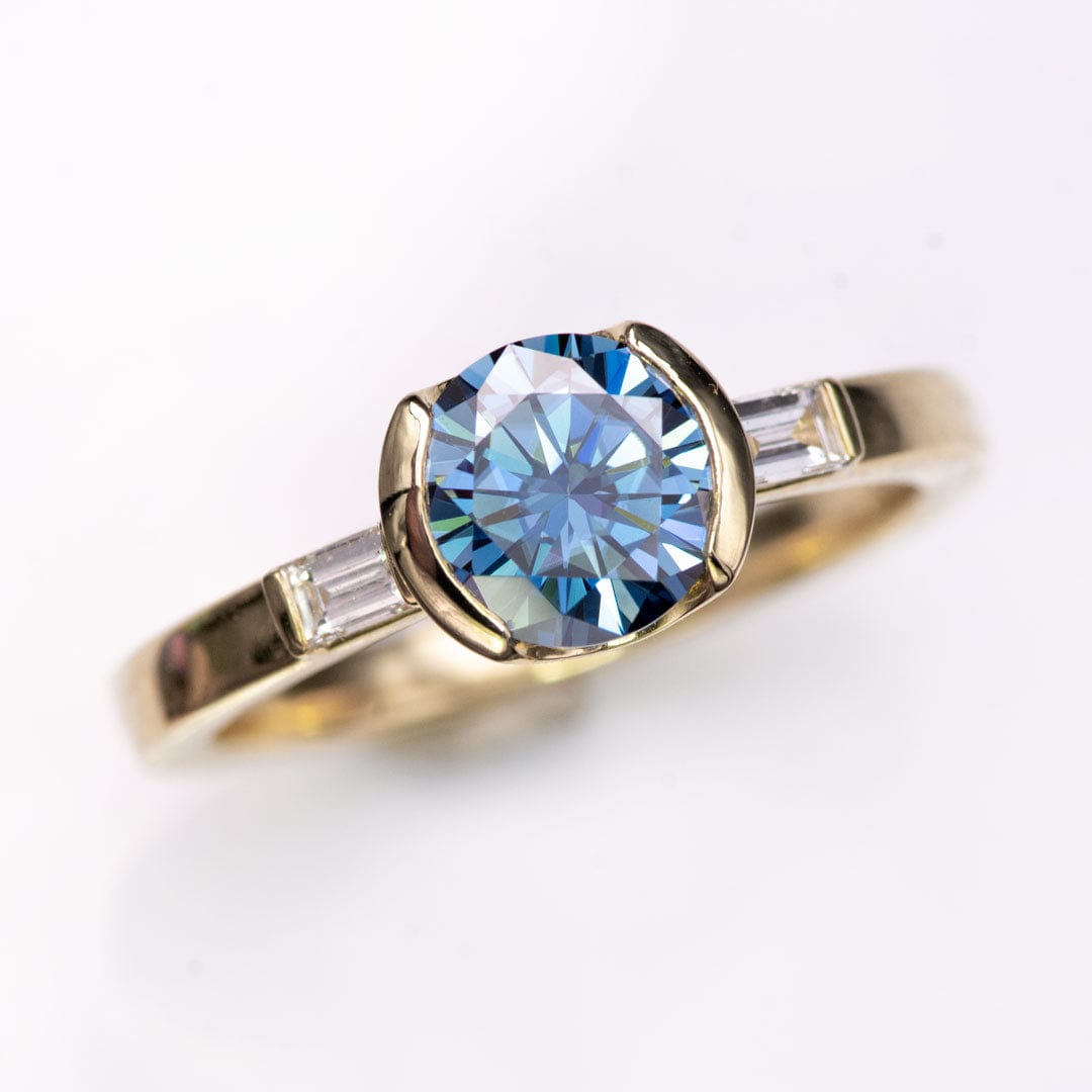 Harper Ring - Round Blue Moissanite & Baguette Diamond Accented Half Bezel Engagement Ring Ring by Nodeform