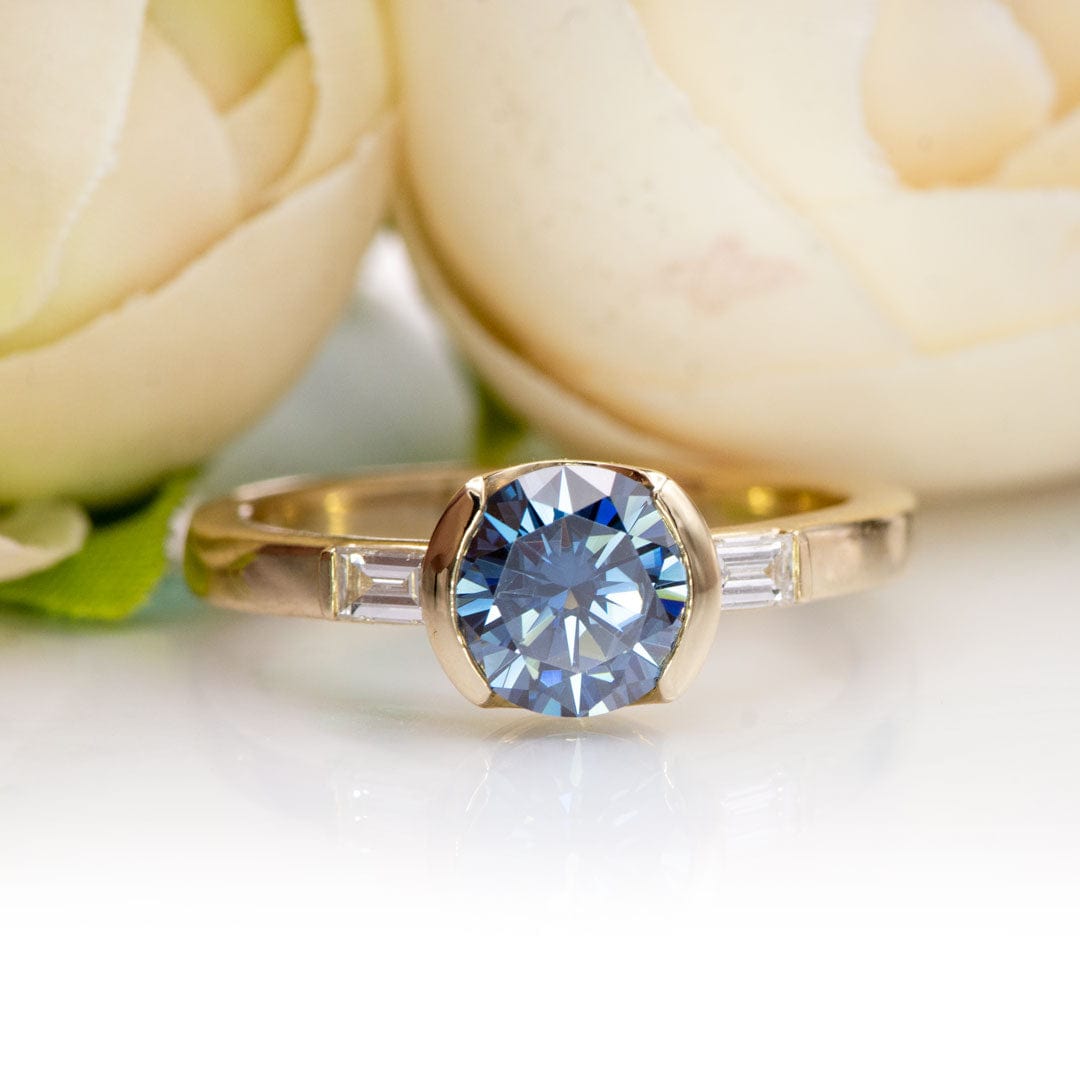 Harper Ring - Round Blue Moissanite & Baguette Diamond Accented Half Bezel Engagement Ring Ring by Nodeform