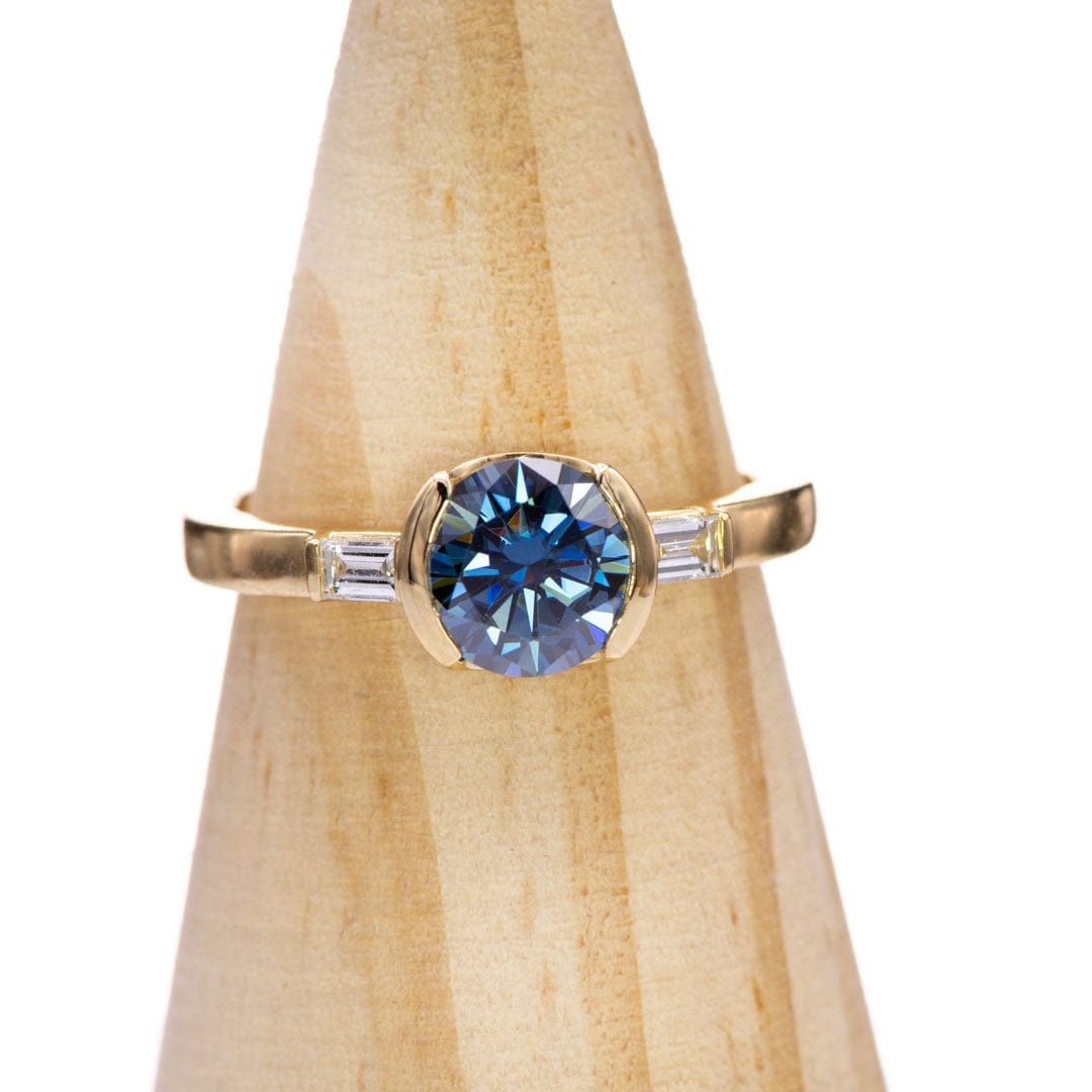Harper Ring - Round Blue Moissanite & Baguette Diamond Accented Half Bezel Engagement Ring Ring by Nodeform
