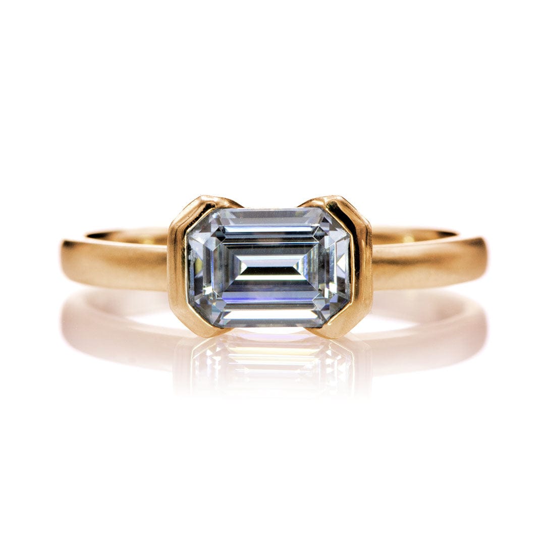 Sideways Emerald Cut Moissanite Ring Half Bezel HannahSolitaire Engagement Ring Ring by Nodeform