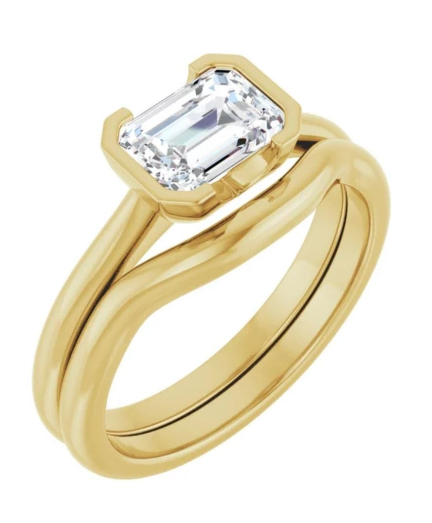 Sideways Emerald Cut Moissanite Ring Half Bezel HannahSolitaire Engagement Ring Ring by Nodeform