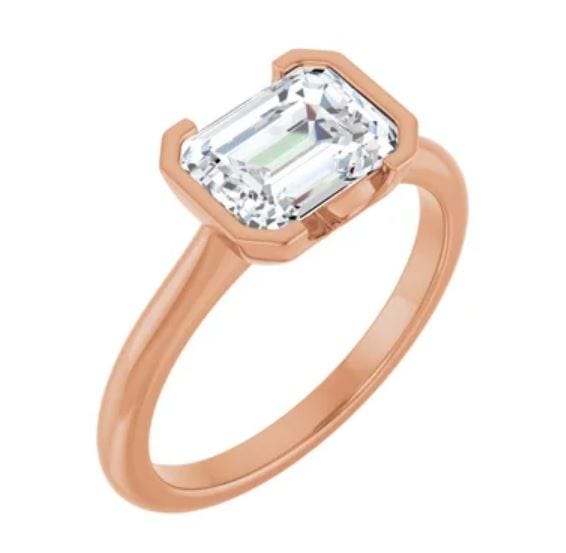 Sideways Emerald Cut Moissanite Ring Half Bezel HannahSolitaire Engagement Ring 8x6mm Forever One / 14k Rose Gold Ring by Nodeform