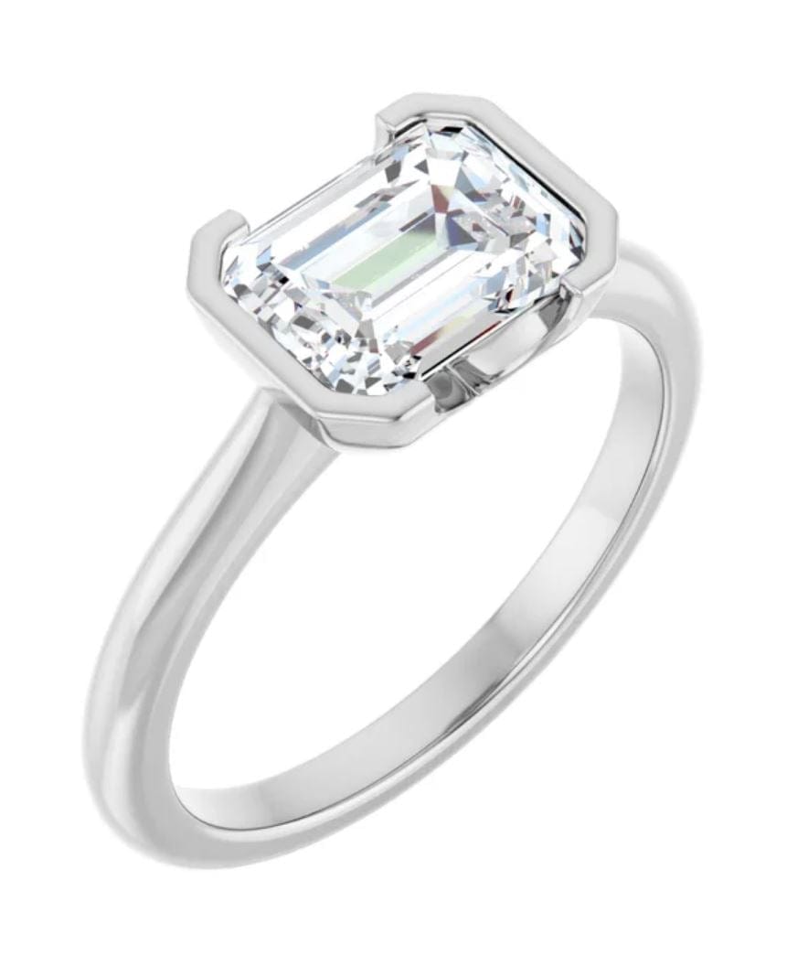 Sideways Emerald Cut Moissanite Ring Half Bezel HannahSolitaire Engagement Ring 8x6mm Forever One / 14k White Gold Ring by Nodeform