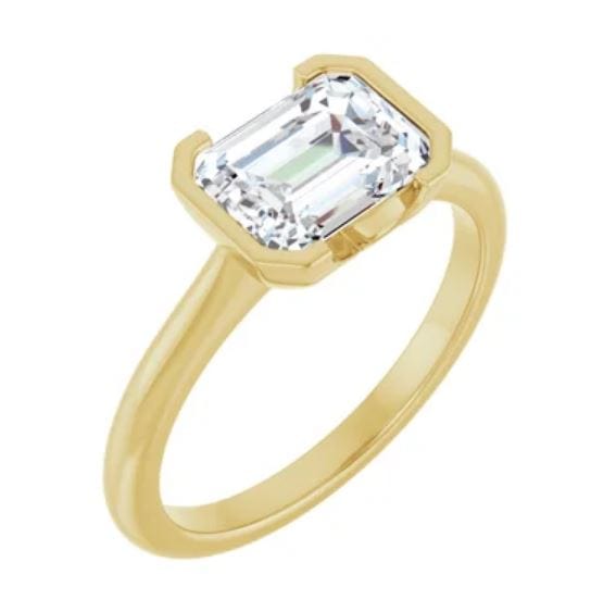 Sideways Emerald Cut Moissanite Ring Half Bezel HannahSolitaire Engagement Ring 8x6mm Forever One / 14k Yellow Gold Ring by Nodeform