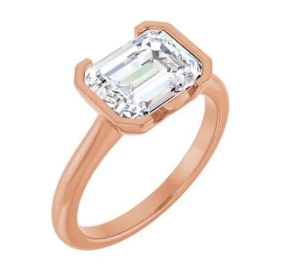Sideways Emerald Cut Moissanite Ring Half Bezel HannahSolitaire Engagement Ring 9x7mm Forever One / 14k Rose Gold Ring by Nodeform